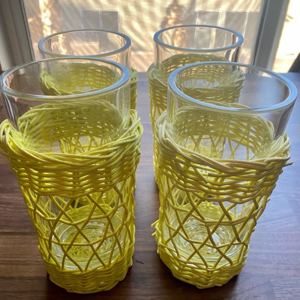 Neon Yellow Wicker Cup Holders & Acrylic Cups